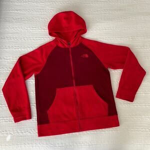 The North Face Boys Youth Full Zip Glacier Hooded Red Fleece Jacket Size L 14/16